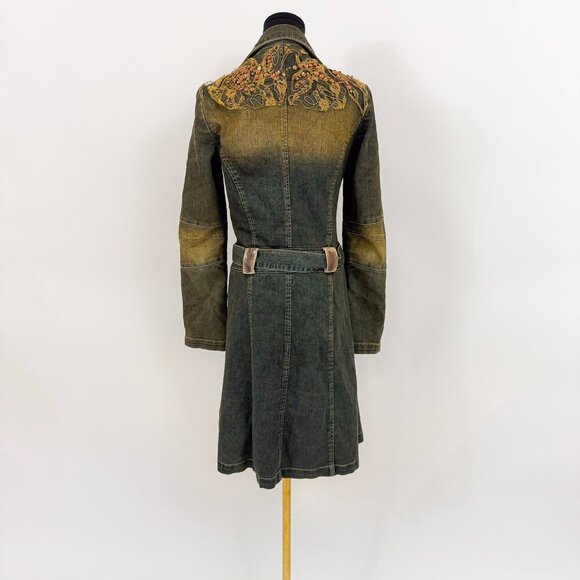 VINTAGE 90S ACID WASH SEQUIN DENIM TRENCH COAT JONINO - Picture 3 of 13